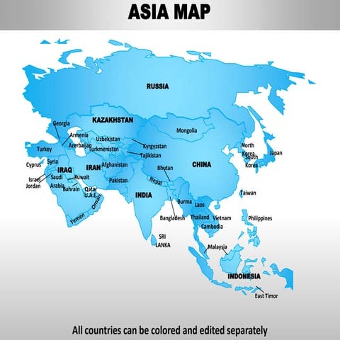 Middle east asia powerpoint editable continent map with countries ...