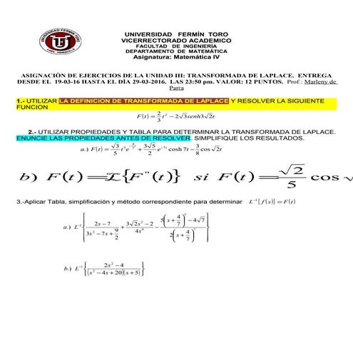 Transformada de Laplace (Ejercicios UNIDAD III)Asignacion unidad iii