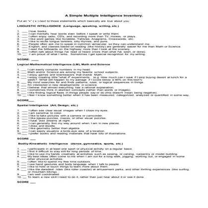 A Simple Multiple Intelligence Inventory