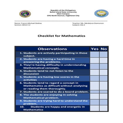 Asl checklist and rating scale (assessment of learning 2)