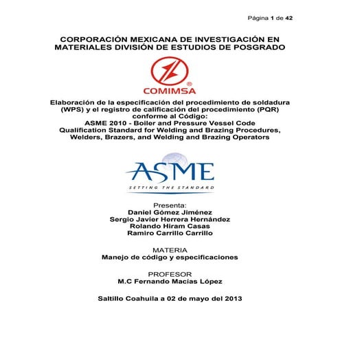 ASME Sección IX: 2015 (Elaboración de WPS y PQR)