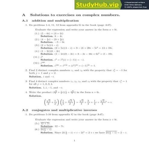 A Solutions To Exercises On Complex Numbers
