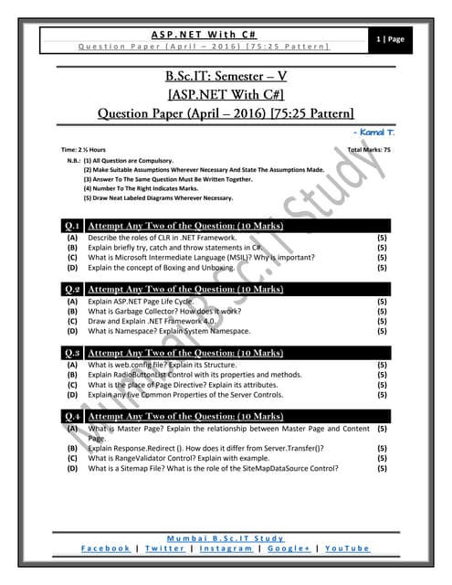 [Question Paper] ASP.NET With C# (75:25 Pattern) [April / 2016]