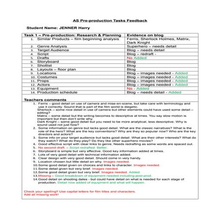 AS pre production tasks feedback sheet jenner   