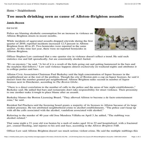 Too much drinking seen as cause of Allston-Brighton Assaults