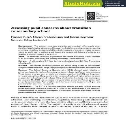 Assessing Pupil Concerns About Transition To Secondary School