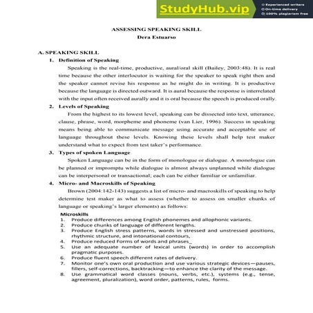 Assessing Speaking Skill   A Summary