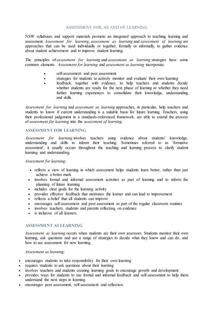 Assessment for Learning, Assessment as Learning and Assessment of ...