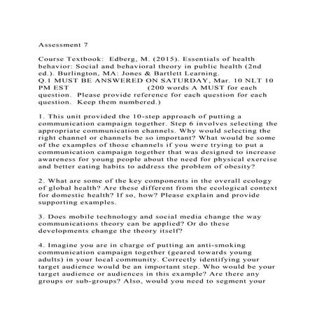 Assessment 7  Course Textbook  Edberg, M. (2015). Essentials .docx