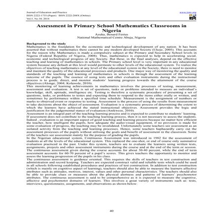Assessment in primary school mathematics classrooms in nigeria