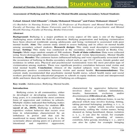 Assessment Of Bullying And Its Effect On Mental Health Among Secondary ...