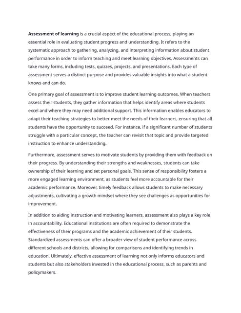 Assessment for Learning, Assessment as Learning and Assessment of ...