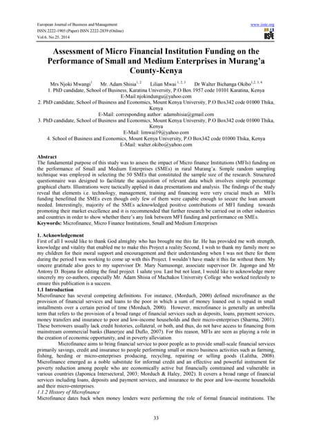 Assessment of micro financial institution funding on the performance of small and medium enterprises in murang’a county kenya