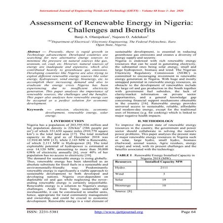 Assessment of renewable energy in nigeria, challenges and benefits.