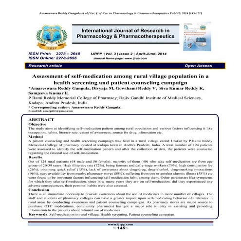 Assessment of self medication among rural village population in a health scre...