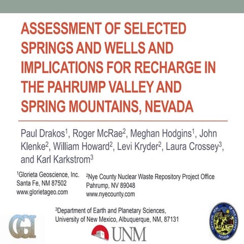 Assessment of Selected Springs and Wells in the Pahrump Valley and Western Sp...