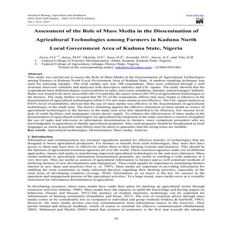 Assessment of the role of mass media in the dissemination of agricultural tec...
