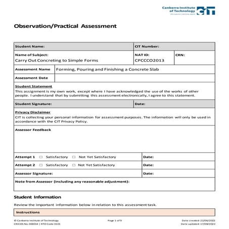 Assessment Practical-Carry out concreting to simple forms