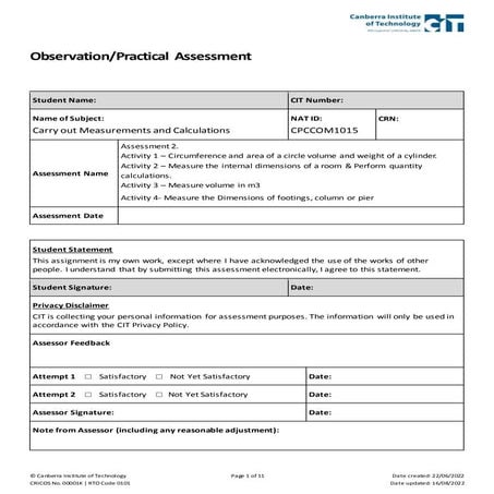 Practical Assessment-measurments and calculations | DOCX