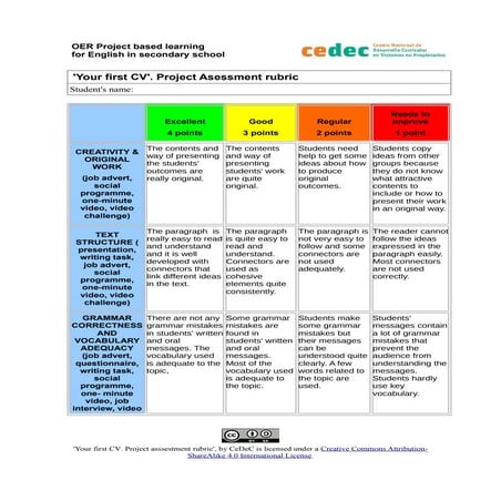 Project "Your first CV". Assessment rubric. 