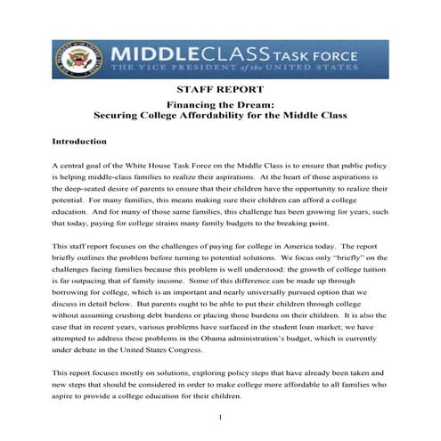 Financing the Dream: Securing College Affordability for the Middle Class