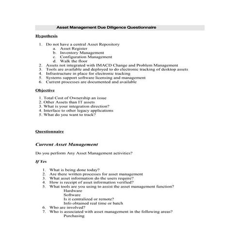 Asset management due dilligence questionnaire