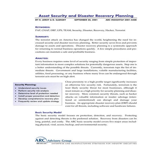 Asset security and disaster recovery planning