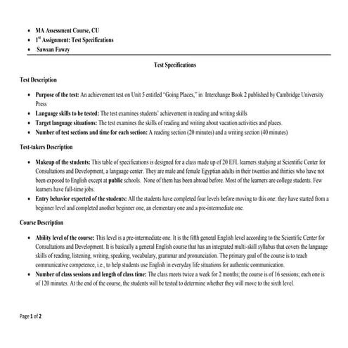 SampleTest Specifications Table