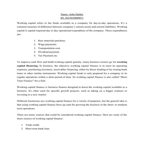 Assignment on Working Capital
