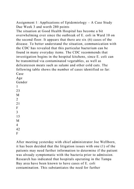 Assignment 1 Applications of Epidemiology – A Case Study Due W | DOCX