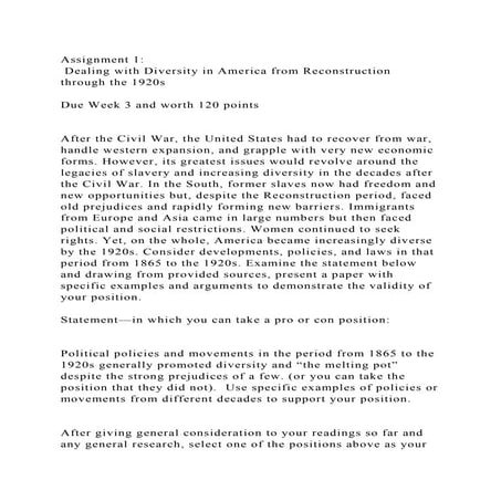 Assignment 1  Dealing with Diversity in America from Reconstructi.docx
