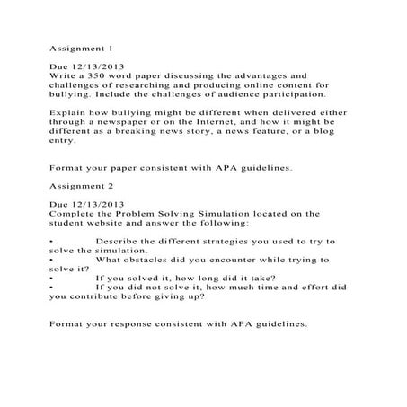 Assignment 1Due 12132013Write a 350 word paper discussing th.docx