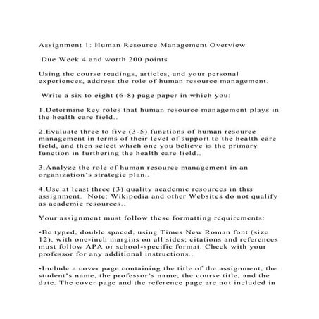 Assignment 1 Human Resource Management Overview Due Week 4 an.docx