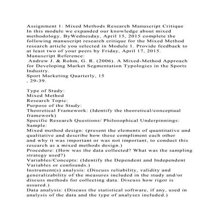 Assignment 1 Mixed Methods Research Manuscript CritiqueIn this mo.docx