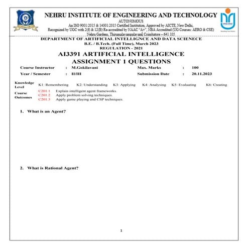 AI3391 ARTIFICIAL INTELLIGENCE Assignment 1 questions.pdf | Technology ...