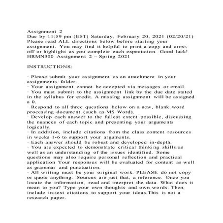 Assignment 2 due by 1159 pm (est) saturday, february 20, 2021 (0