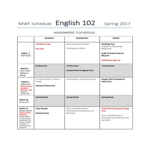 Assignment 3 Schedule