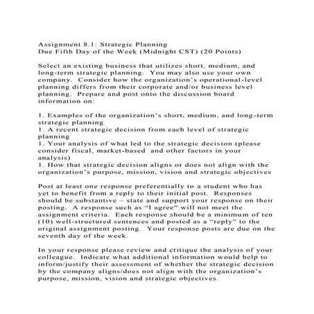 Assignment 8.1 Strategic Planning Due Fifth Day of the Week (Mi.docx