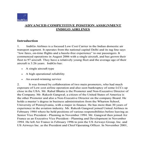  COMPETITIVE POSITION : INDIGO AIRLINES