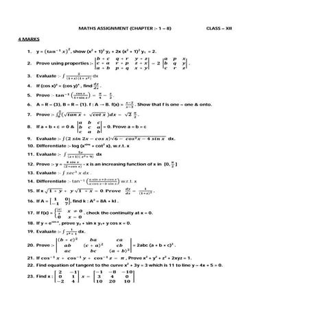 Assignment  Chapters 1 -8- Maths (CLASS XII)