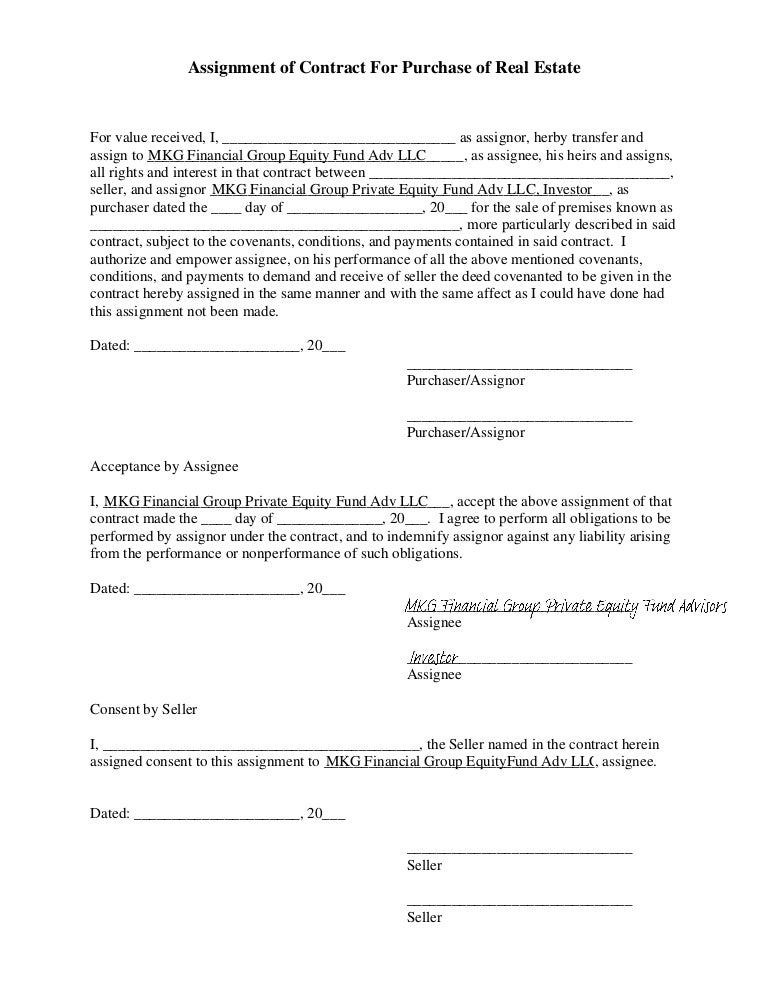 Assignment Contract Purchase Real Estate