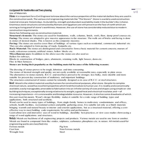 Uses of Materials- Town Planning