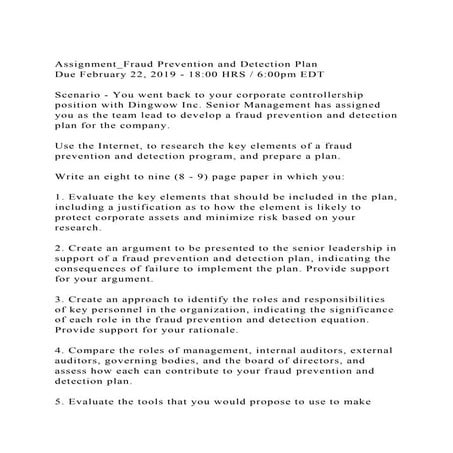 Assignment_Fraud Prevention and Detection PlanDue February 22, 2.docx