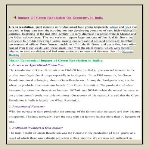 Impact Of Green Revolution On Economy, In India | DOCX