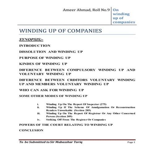 Assignment of winding up of companies