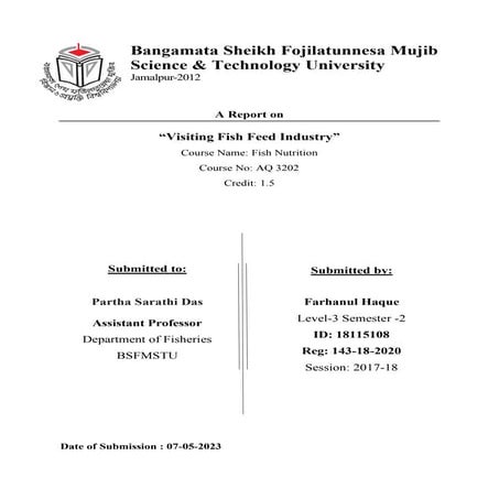 Study tour :Assignment on Visiting Fish Feed Industry, Fish nutrition by  Farhanul Haque