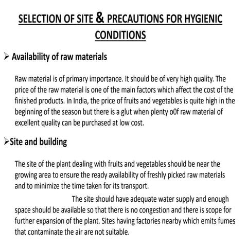 SELECTION OF SITE & PRECAUTIONS FOR HYGIENIC CONDITIONS 