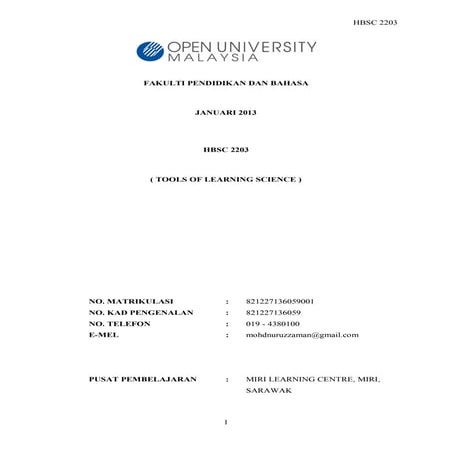 Assignment OUM HBSC 2203 Tools Of Learning Science