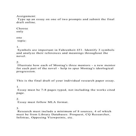 Assignment Type up an essay on one of two prompts and submit the .docx