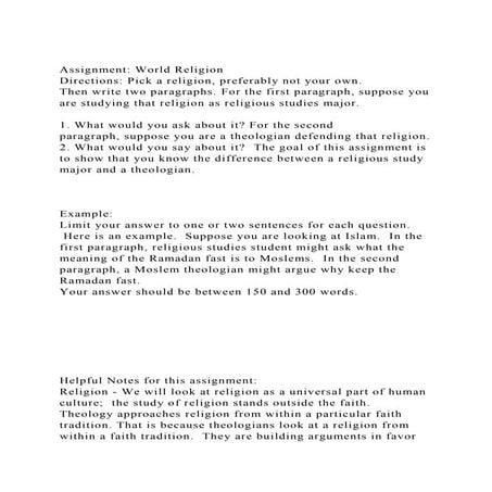Assignment World ReligionDirections Pick a religion, preferabl.docx